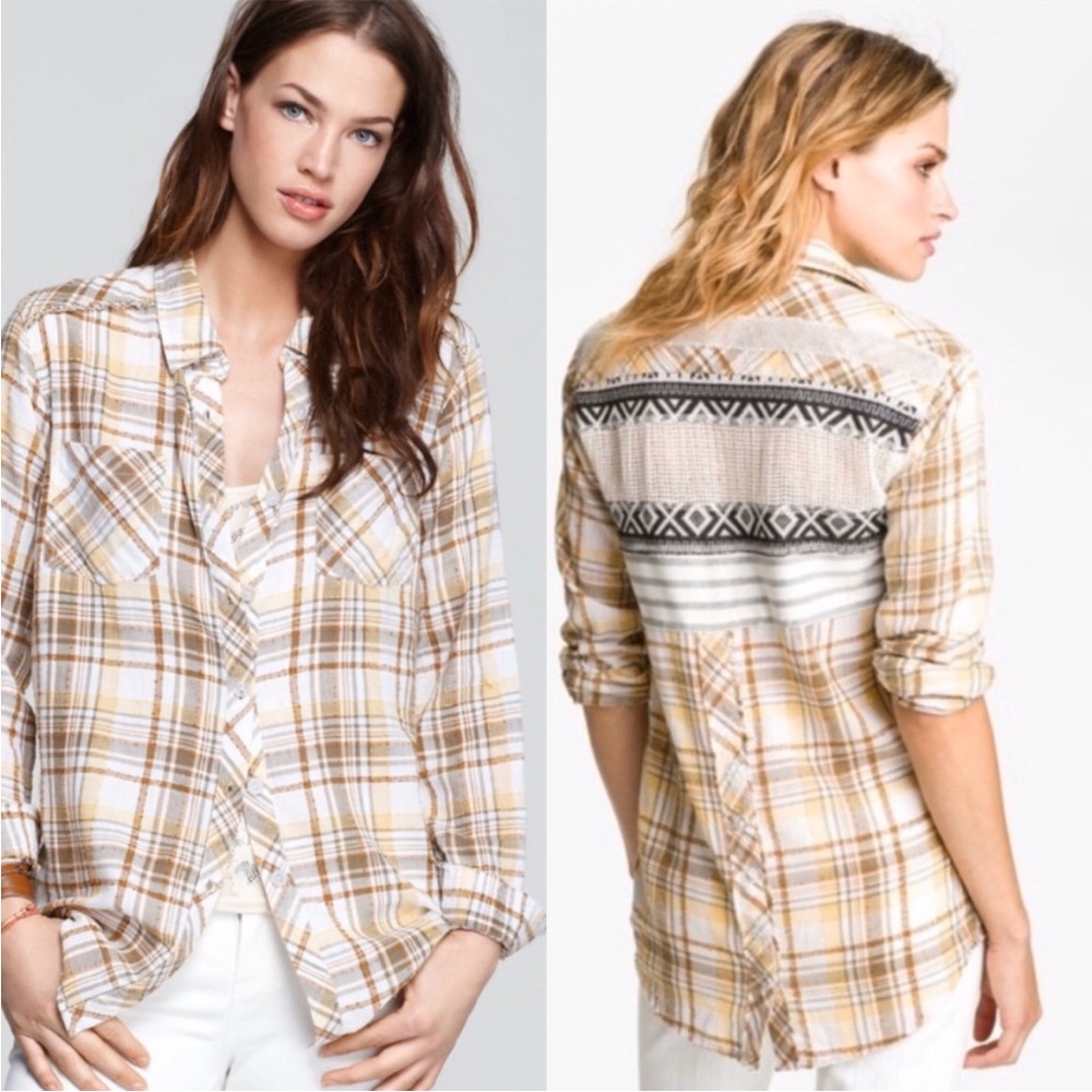 Free People Plaid Top Womens Small Western Coastal Cowgirl Boho Button Festival